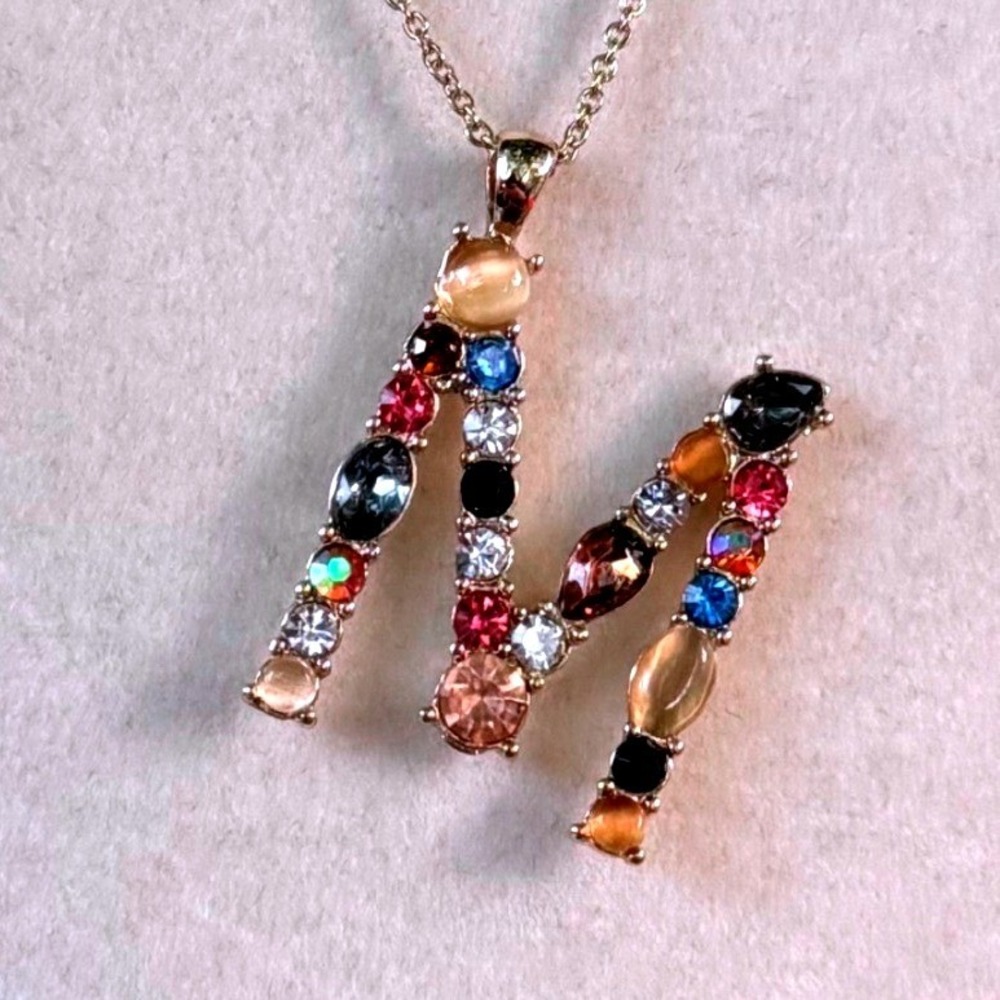 Bella Jack Gold Tone Multi Color Stone Initial M Pendant Necklace 18.5 Inch